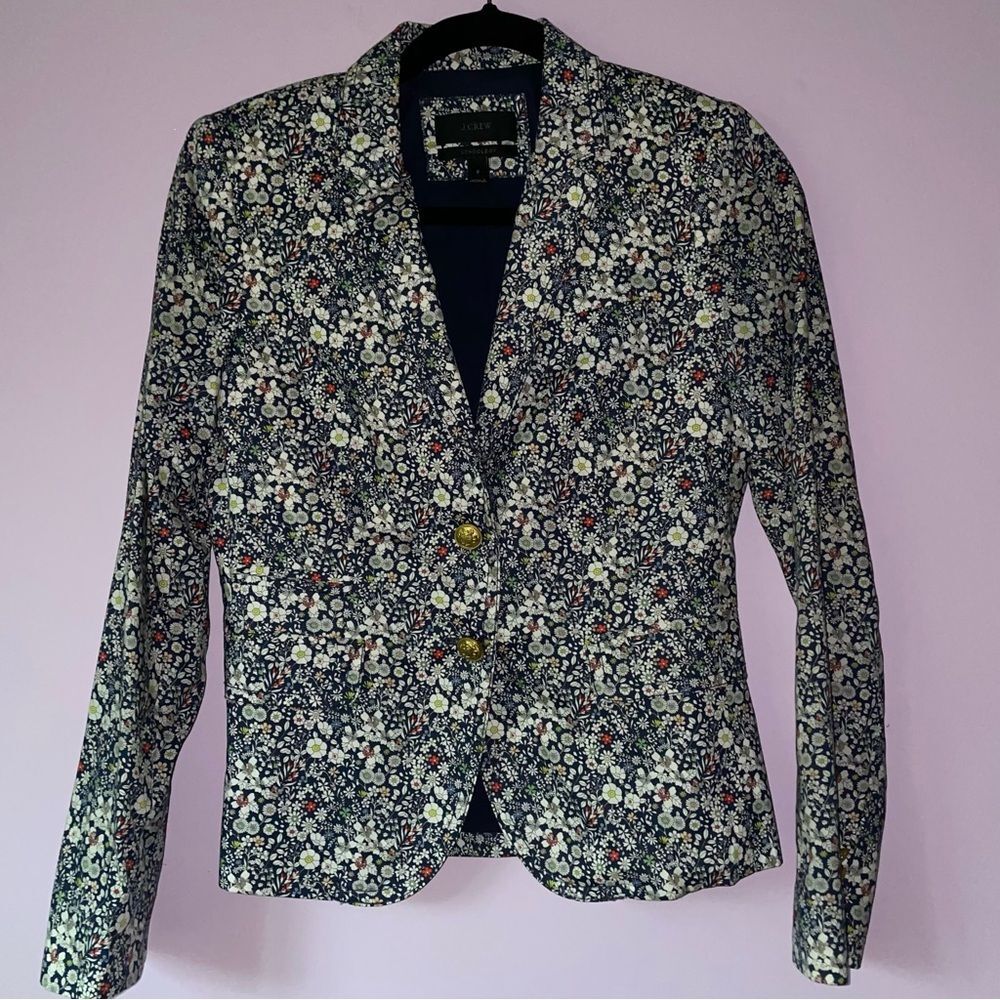 J. Crew Navy Floral Blazer with Cream and Red Accents